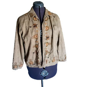 Chicos olive beaded/ embroidered lined tan jacket, Size 2 (L/12)